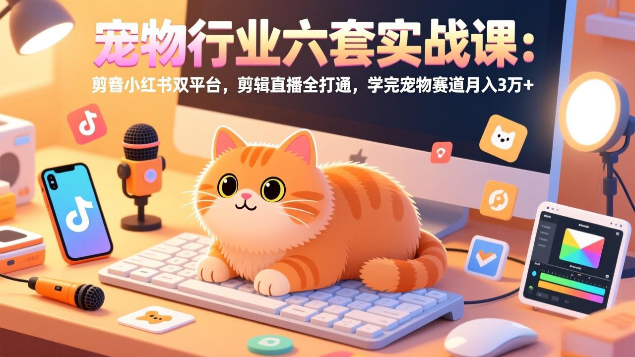 宠物行业六套实战课：抖音小红书双平台，剪辑直播全打通，学完宠物赛道月入3万+-破浪圈