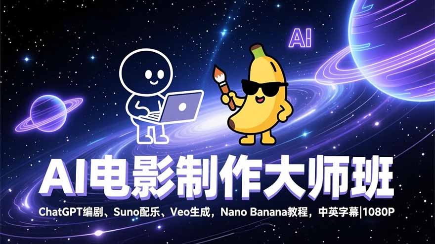 AI电影制作大师班:ChatGPT编剧、Suno配乐、Veo生成,Nano Banana教程,中英字幕|1080P-破浪圈