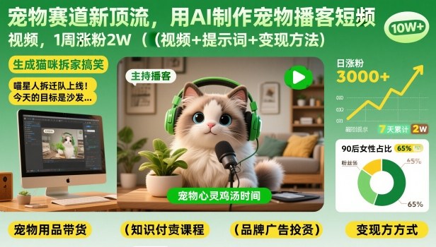 宠物赛道新顶流,用AI制作宠物播客短视频,1周涨粉2W(视频+提示词+变现方法)-破浪圈