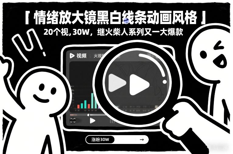 情绪放大镜黑白线条动画风格，20个视频，涨粉30W，继火柴人系列又一大爆款-破浪圈