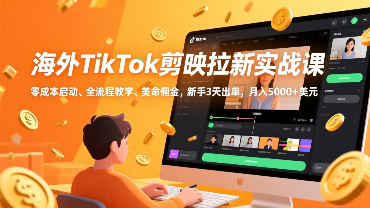 海外TikTok剪映拉新实战课，零成本启动、全流程教学、美金佣金，新手3天出单，月入5000+美元-破浪圈