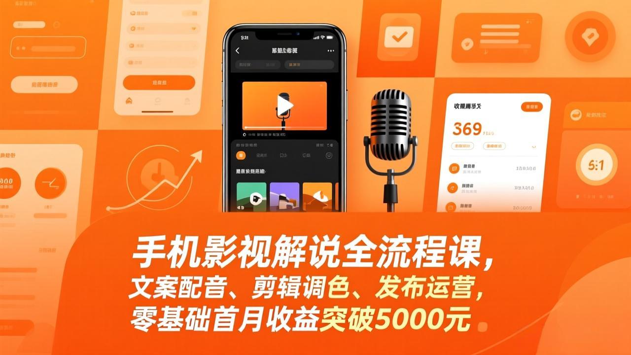 手机影视解说全流程课,文案配音、剪辑调色、发布运营,零基础首月收益突破5000元-破浪圈