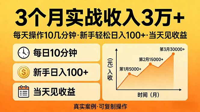 3个月实战收入3万+，每天操作10几分钟，新手轻松日入100+，当天见收益-破浪圈
