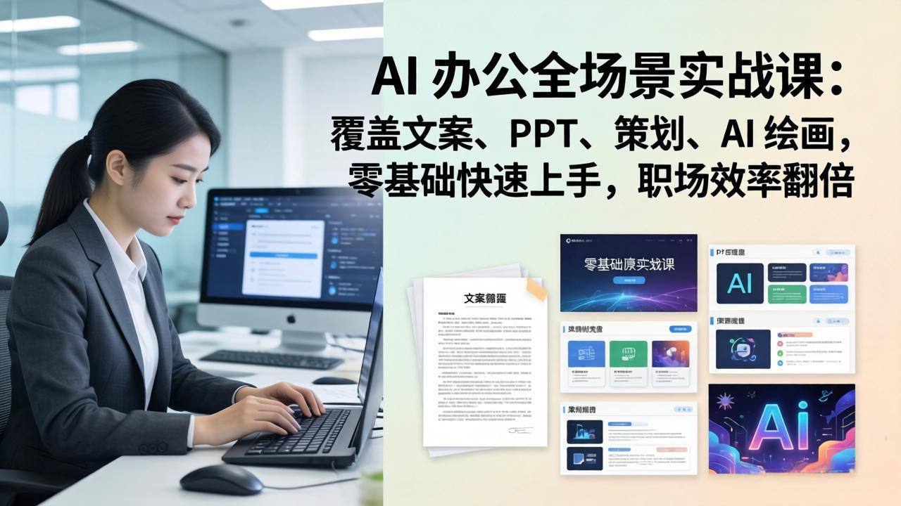 AI 办公全场景实战课：覆盖文案、PPT、策划、AI 绘画，零基础快速上手，职场效率翻倍-破浪圈