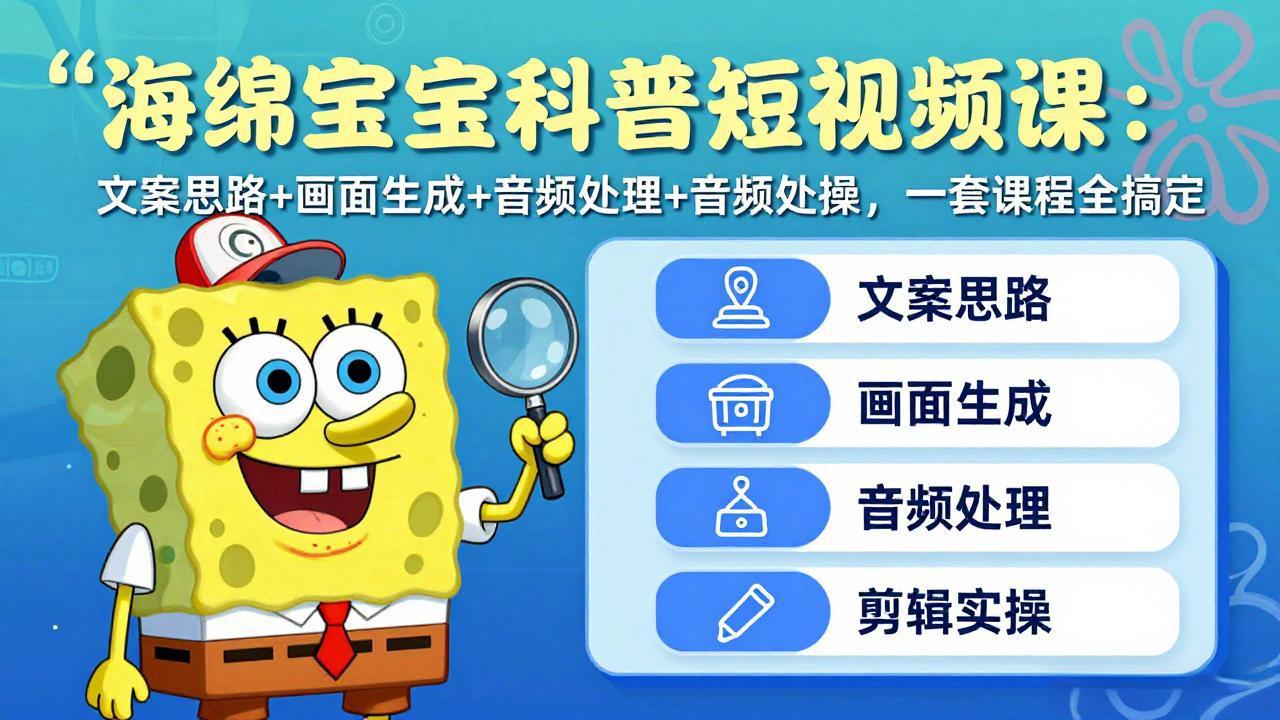 海绵宝宝科普短视频课：文案思路+画面生成+音频处理+剪辑实操，一套课程全搞定-破浪圈